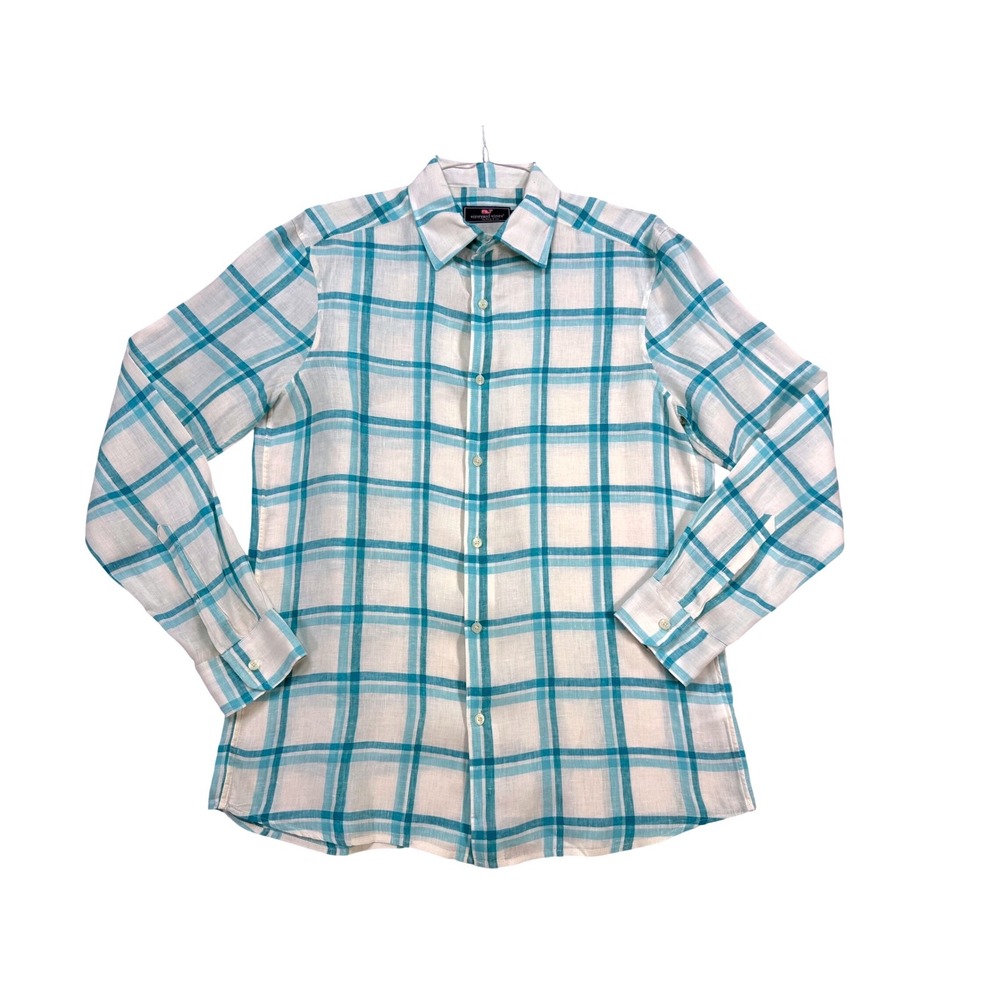 Vineyard Vines Button Down Mens M Blue White Excellent Plaid Linen Long Sleeve
